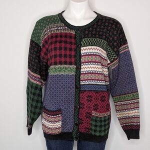 Vintage Northern Isles Mixed Pattern Patchwork Style Button Up Cardigan Sweater